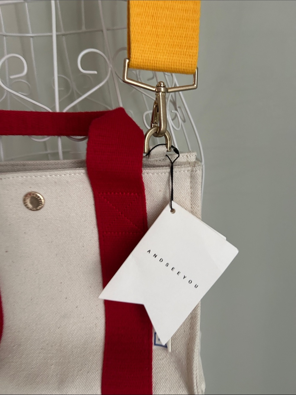 seeyou Cream Canvas Bag with Red Straps and Yellow Adjustable Strap - Picture 2 of 8